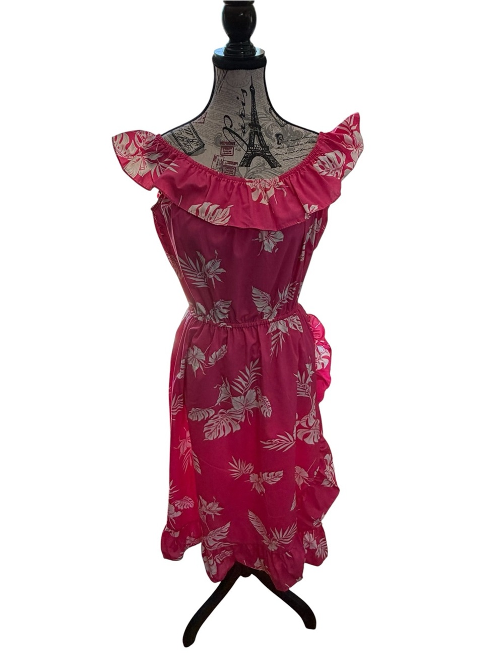 Vintage Hawaiian Tropical hot pink off shoulder dress